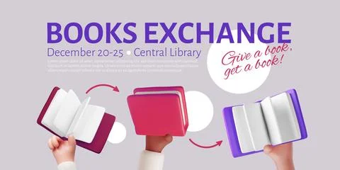 Books exchange 3D vector banner design, give a book get a book, literature in イラスト素材