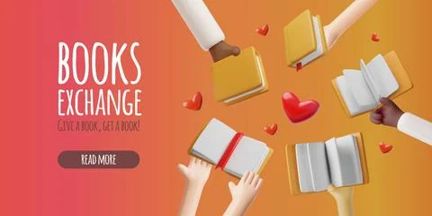 Books exchange 3D vector banner design, give a book get a book, literature in イラスト素材