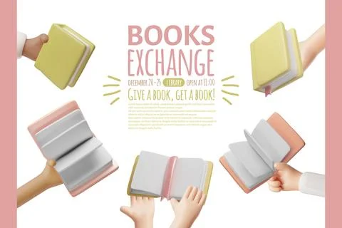 Books exchange 3D vector banner design, give a book get a book, literature in Illustrazione stock