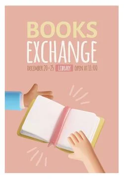 Books exchange 3D vector poster design, book with bookmark in hands, literature Illustrazione stock