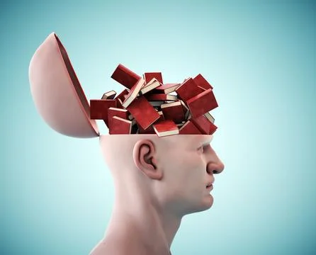 Books flowing from the head. Self development and knowledge concept. 스톡 일러스트