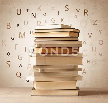 Books with flying letters on vintage background Stock Photos