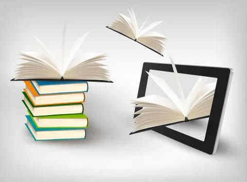 Books flying in a tablet. vector illustration. Stock Illustration