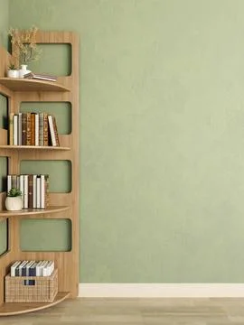 Books with folder box and flower vase on wooden display shelf on parquet fl.. Stock Illustration