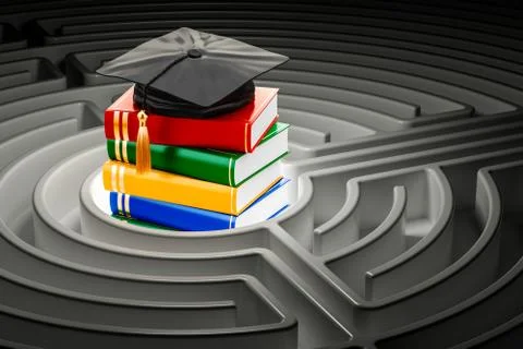 Books with graduation cap inside labyrinth maze. 3D rendering Stock Illustration