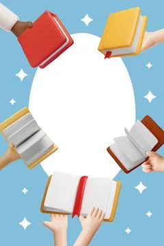 Books in hands 3D plastic style vector round frame design, cartoon opened book Illustrazione stock