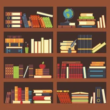 Books in library bookcase. Encyclopedia book at bookshelf. Pile textbooks a.. Illustrazione stock