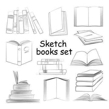 Books linear sketch symbols set. Stack, opened and closed books isolated icons Stock Illustration