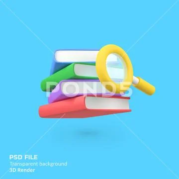 Books with Magnifying isolated 3d render icon illustration Modello PSD