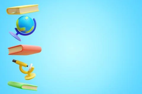 Books microscope globe in flight isolated on blue background. Illustrazione stock