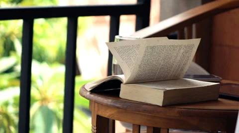 Book's pages turning by wind on table in garden, slow motion 240fps  Stock Footage 62744399