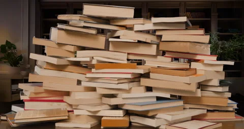 Books Pile Build Stop Motion Loop in Study Wide Stock Footage 297720686