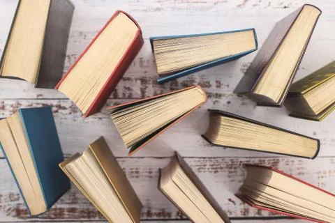 Books for reading on the table. Flat lay concept Stock Photos