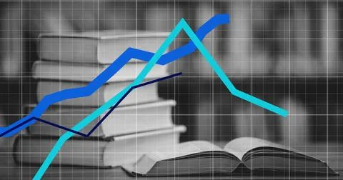 Books resting on table, blue background showing a rising graph line Stock Photos