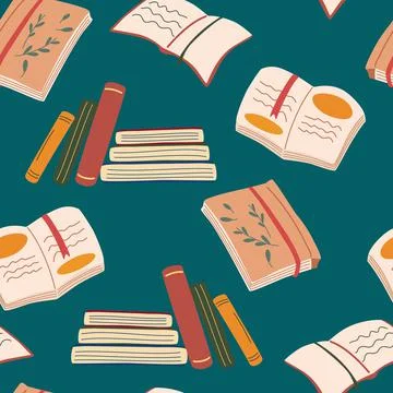 Books seamless pattern. Library, bookstore. Open book, notebook with a bookma Stock Illustration