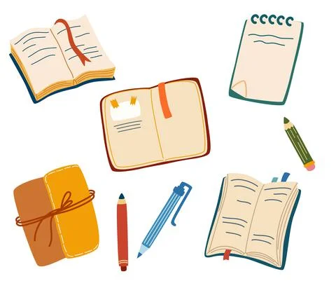Books set. Colored notebooks with stickers. Office supplies. Open paper book  Stock Illustration