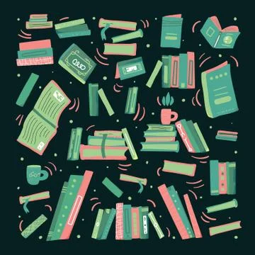Books set. Reading concept. Square poster with differnt books on dark backgro 库存插图