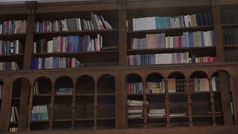 Books on a shelf in the library Video stock 74769009
