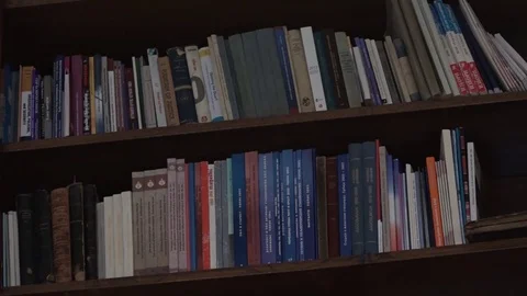 Books on a shelf in the library Stock Footage 74769377