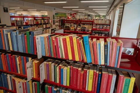 Books on a shelf in library. Interior with lots of various books on shelves Stock Photos