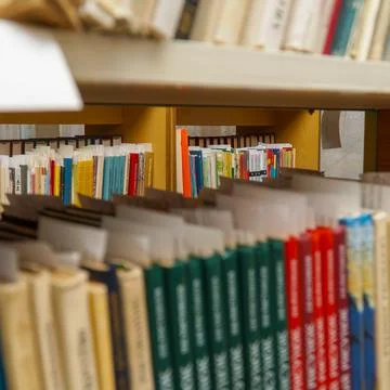 Books on a shelf in the library Stock Photos