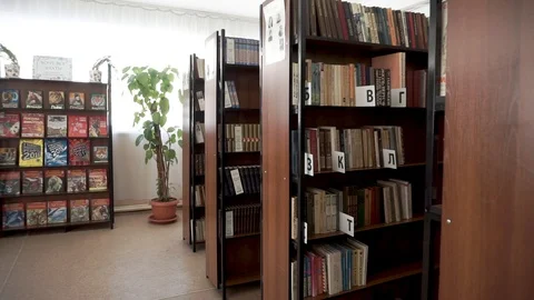Books on the shelf. School library 스톡 동영상 106240527