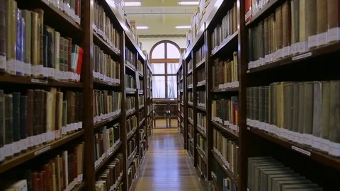 Books on the shelves Stock Footage 72921297