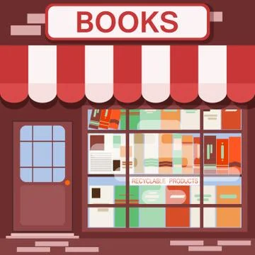 Books shop facade vector background building architecture with urban exterior Ilustración de archivo