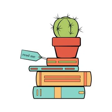 Books stack cactus color Stock Illustration