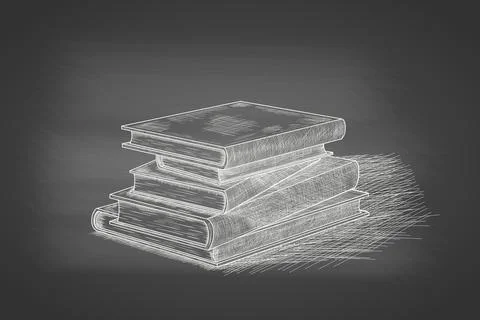 Books stack - chalk drawing on the blackboard. Hand drawn sketch in vintage Stock Illustration