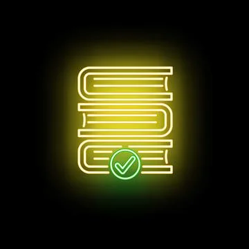Books stack with checkmark sign in neon Stock Illustration