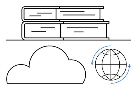 Books stacked, cloud shape, and globe with arrows highlighting digital learni 스톡 일러스트