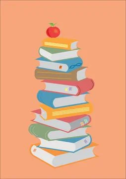 Books stacking. Open book, hardback books on red background. Back to school.. Stock Illustration