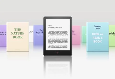 Books stand on a light background, e-book is closest. Stock Illustration