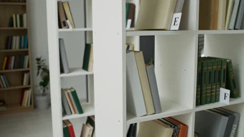 Books Standing on Library Shelves for Student Education Stock Footage 337474933