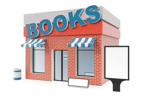 Books Store with copy space board isolated on white background. Modern shop Ilustración de archivo