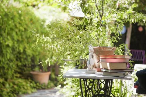 Books table backyard Stock Photos