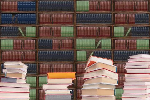 Books on the table in the library, against the background of wooden cabinet.. Stock Photos