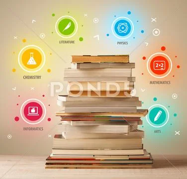 Books on top with colorful symbols on vintage background Stock Photos