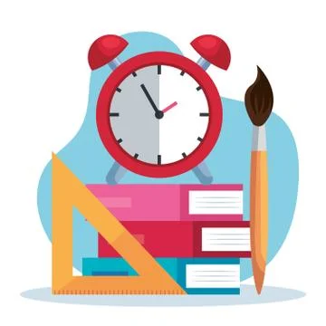 Books with triangle ruler and clock alarm with brushpaint Stock Illustration