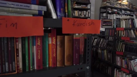 Books from various languages in a multilingual library Stock Footage 142067171
