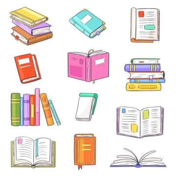 Books vector opened diary story-book and notebook on bookshelves in library or Stock Illustration