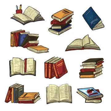 Books vector stack of textbooks and notebooks on bookshelves in library or Illustrazione stock
