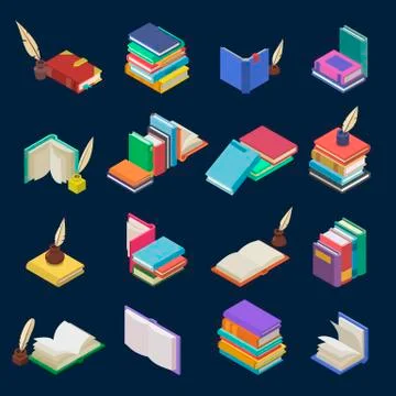 Books vector stack of textbooks and notebooks on bookshelves in library or Illustrazione stock