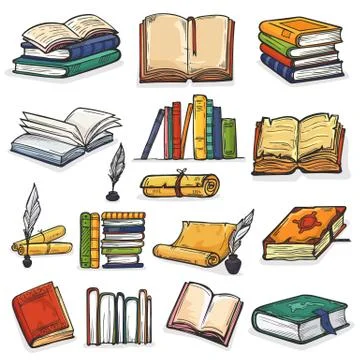 Books vector stack of textbooks and notebooks on bookshelves in library or Illustrazione stock