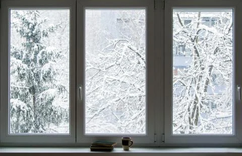 Books on the window in winter Stock Photos