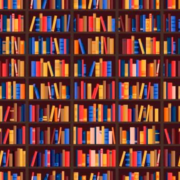 Bookshelf and books seamless pattern. Vector library or bookshop background. Stock Illustration