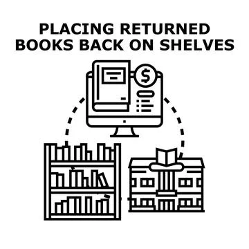 Bookshelf with books, computer, and library building concept Illustrazione stock