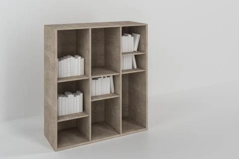 Bookshelf with books inside in the empty new house, 3d rendering. Stock Illustration
