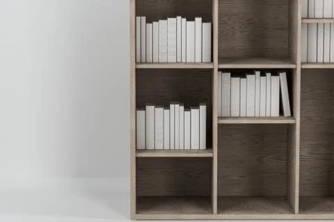 Bookshelf with books inside in the empty new house, 3d rendering. Stock Illustration